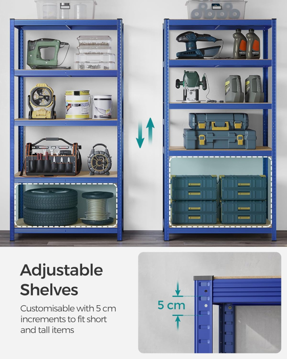 Raft de depozitare metalic, cu rafturi din PAL, 5 polite, max. 600 kg, 200x100x50cm, albastru [5]