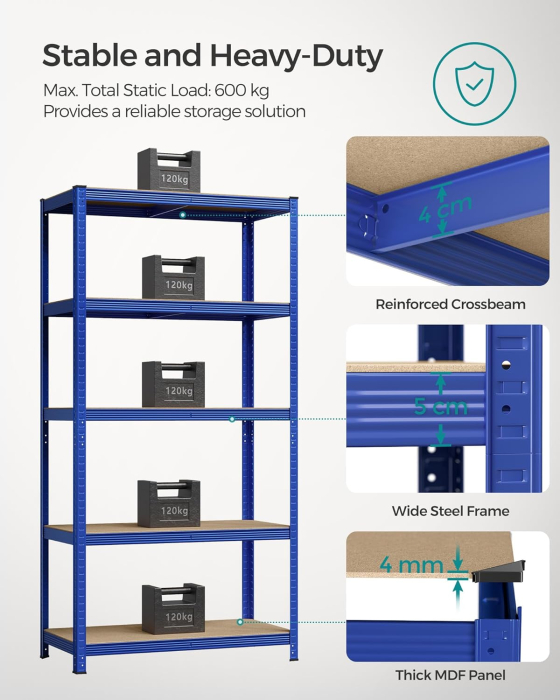 Raft de depozitare metalic, cu rafturi din PAL, 5 polite, max. 600 kg, 200x100x50cm, albastru [4]