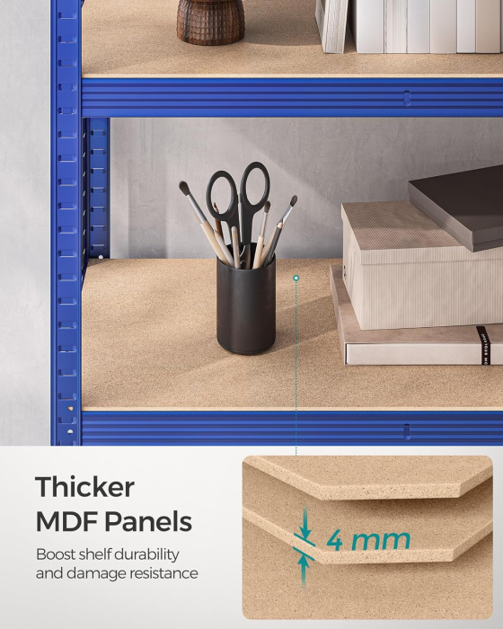 Raft de depozitare metalic, cu rafturi din PAL, 5 polite, max. 600 kg, 200x100x50cm, albastru [8]