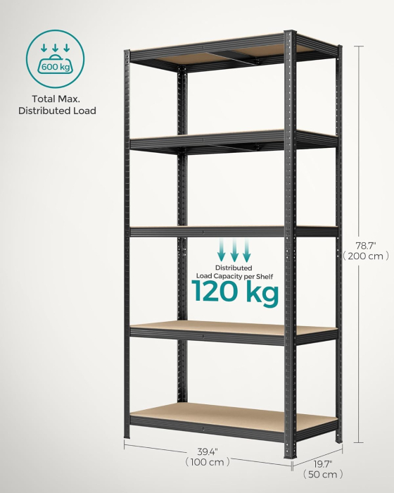 SONGMICS Raft de depozitare metalic, cu rafturi din PAL, 5 polite, max. 600 kg, 200x100x50cm, negru [3]