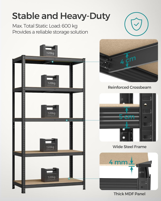 SONGMICS Raft de depozitare metalic, cu rafturi din PAL, 5 polite, max. 600 kg, 200x100x50cm, negru [4]