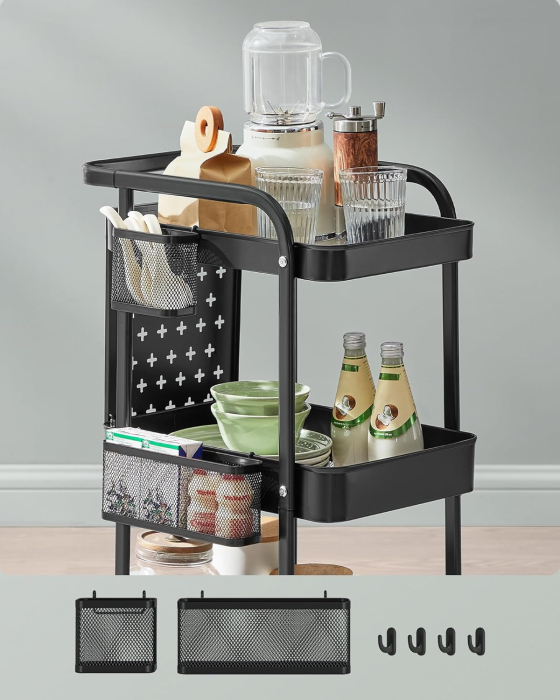 SONGMICS Raft de depozitare mobil tip carucior rulant, pentru baie sau bucatarie, cadru otel, 32x43x74 cm, negru [6]