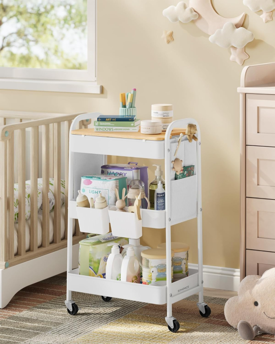 SONGMICS Raft de depozitare mobil tip carucior rulant, pentru baie sau bucatarie, cadru otel cu blat MDF, 31x44x74 cm, alb [6]