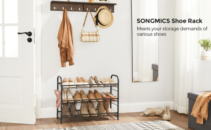 SONGMICS Raft de depozitare pantofi, din metal, pe 3 niveluri, cu rafturi unghiulare reglabile, 28x69x50cm, negru [3]