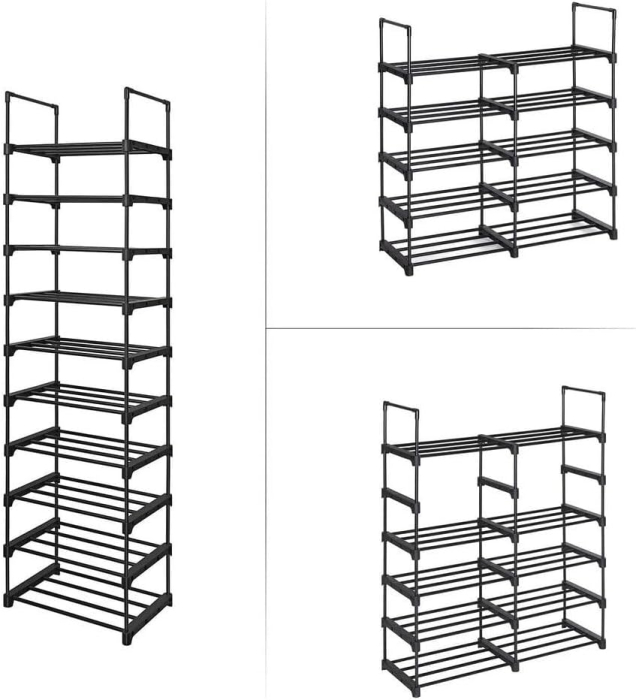 Raft de depozitare pantofi pe 10 niveluri, metal, instalare modulara, 30x45x174cm, negru [5]
