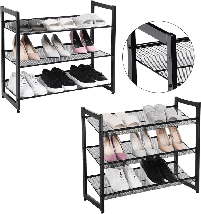 Raft de depozitare pantofi pe 3 niveluri, metal, rafturi plate sau unghiulare reglabile, 31x74x63cm, negru [6]