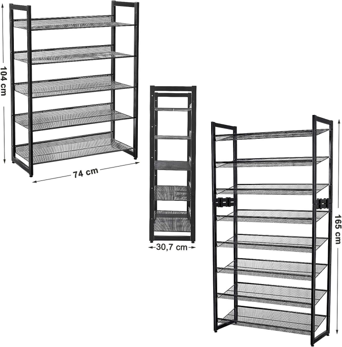 SONGMICS Raft de depozitare pantofi pe 5 niveluri, metal, rafturi plate sau unghiulare reglabile, 31x74x104cm, negru [7]