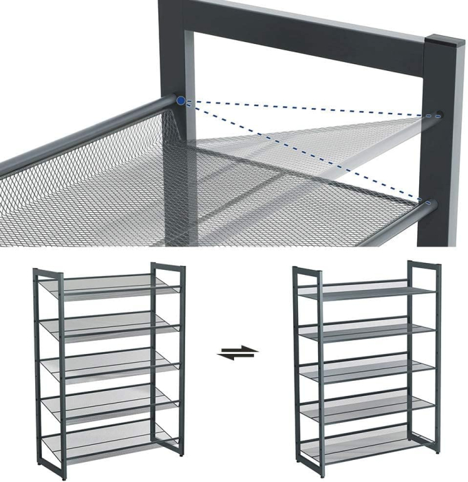 SONGMICS Raft de depozitare pantofi pe 5 niveluri, metal, rafturi plate sau unghiulare reglabile, 31x74x104cm, negru [11]