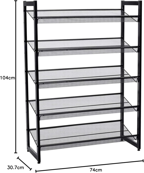 SONGMICS Raft de depozitare pantofi pe 5 niveluri, metal, rafturi plate sau unghiulare reglabile, 31x74x104cm, negru [3]