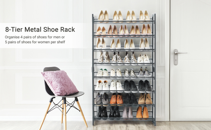 SONGMICS Raft de depozitare pantofi, pe 8 nivele, cu polite reglabile, pentru 32-40 de perechi, 31x92x163cm, gri [9]