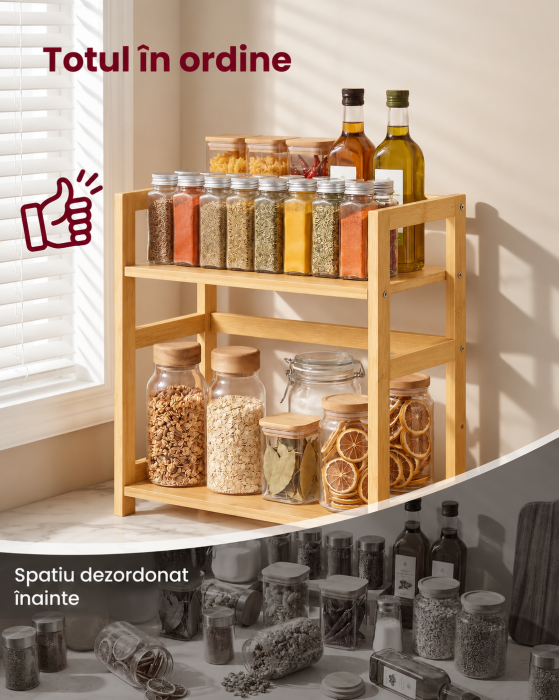 Raft de depozitare pe 2 niveluri, MDF, organizator de birou sau bucatarie, 42x18x43 cm, bej natural [6]