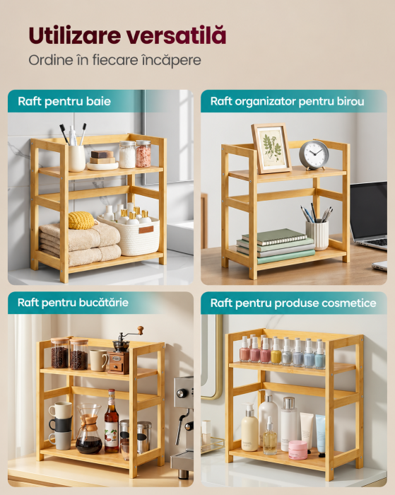 Raft de depozitare pe 2 niveluri, MDF, organizator de birou sau bucatarie, 42x18x43 cm, bej natural [3]