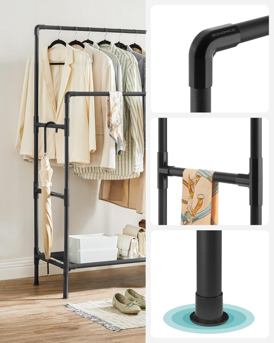 SONGMICS Raft de haine din metal, cu 2 bare de haine si 1 raft, stil industrial, 45x83x157cm, negru [3]