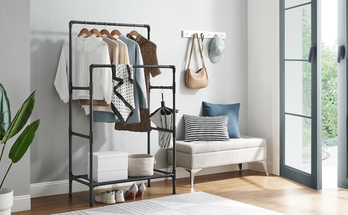 SONGMICS Raft de haine din metal, cu 2 bare de haine si 1 raft, stil industrial, 45x83x157cm, negru [7]