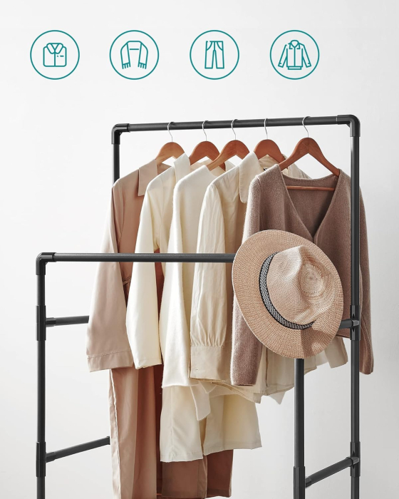 SONGMICS Raft de haine din metal, cu 2 bare de haine si 1 raft, stil industrial, 45x83x157cm, negru [6]