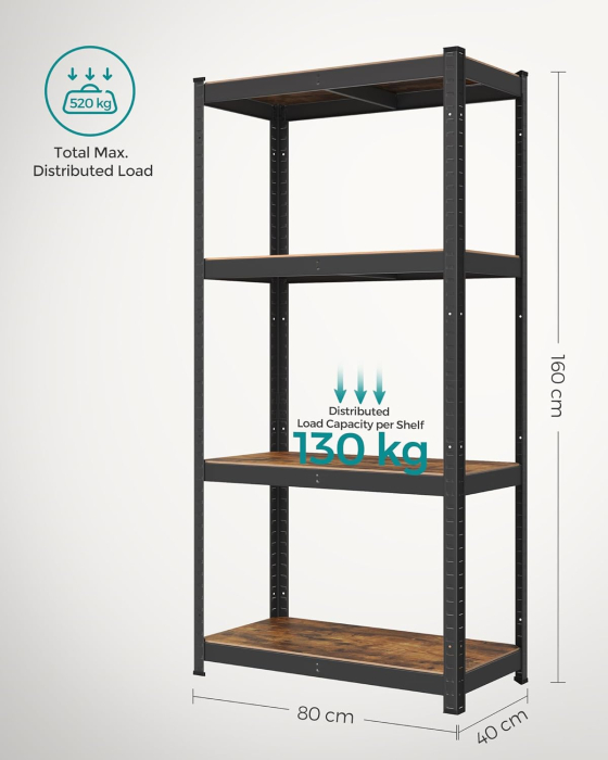 Raft depozitare metalic cu aspect elegant, 5 niveluri, reglabil, 520 kg, 40x80x160 cm, maro rustic si negru [3]