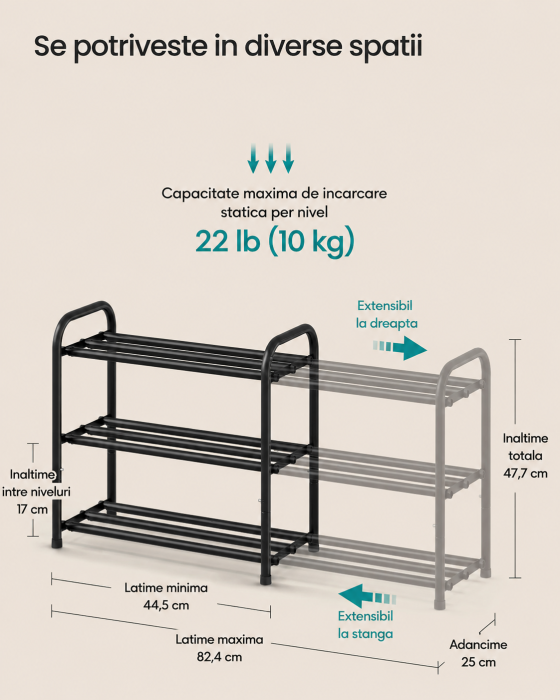Raft extensibil pentru incaltaminte, 3 niveluri, metal, pana la 12 perechi pantofi, reglabil 25x48x(44-82) cm, negru [5]