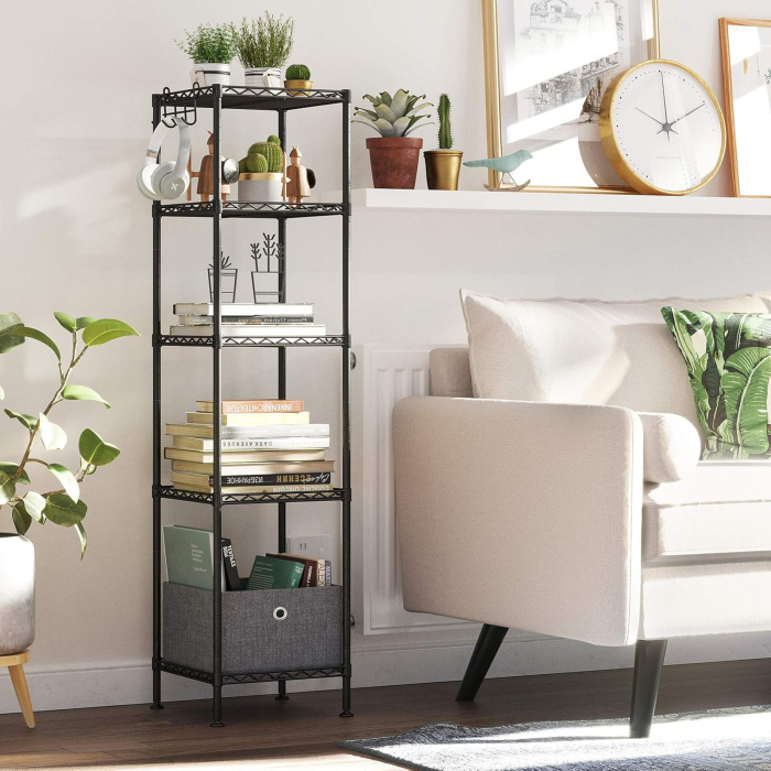 Raft metalic 30x30x124 cm, 5 niveluri, rafturi ajustabile si carlige incluse, structura otel si plastic, negru [5]