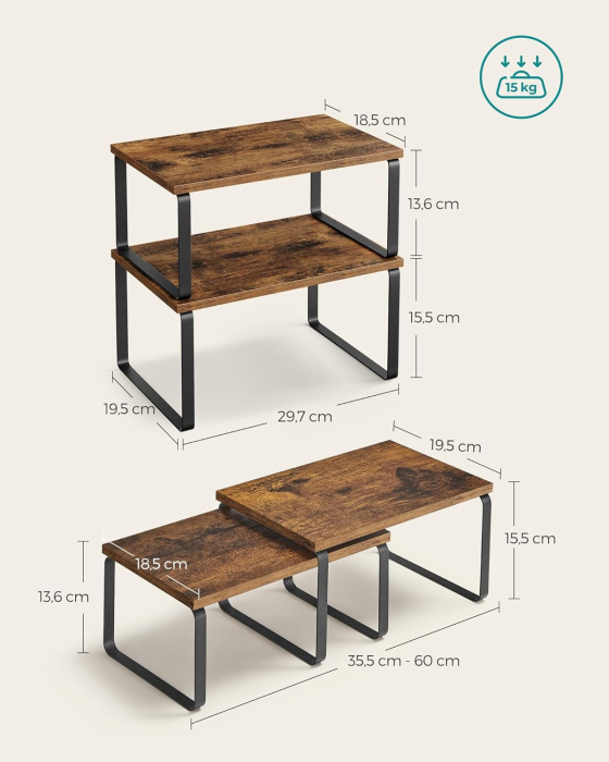 Raft organizator condimente extensibil set 2 bucati, metal si PAL, suprapozabil, 30x20x16 cm, maro rustic [4]