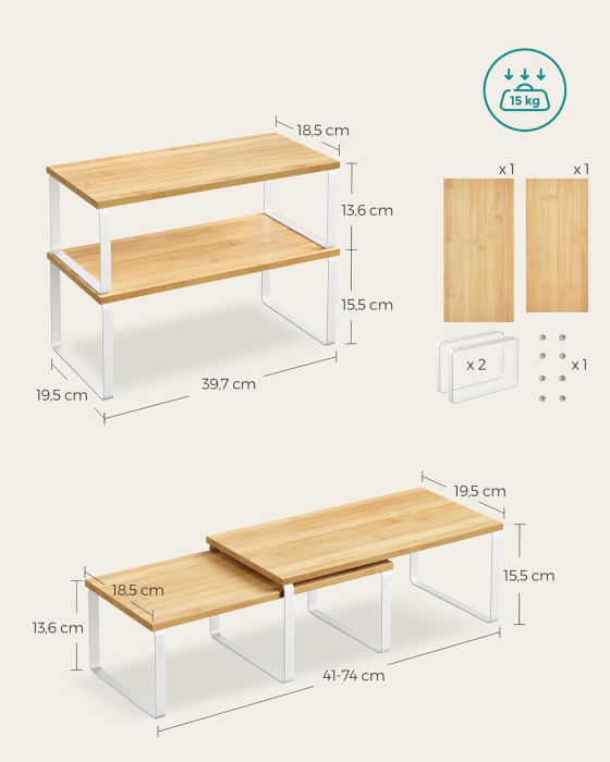 Raft organizator condimente extensibil set 2 bucati, metal si PAL, suprapozabil, 39x19x15 cm, maro natur [4]