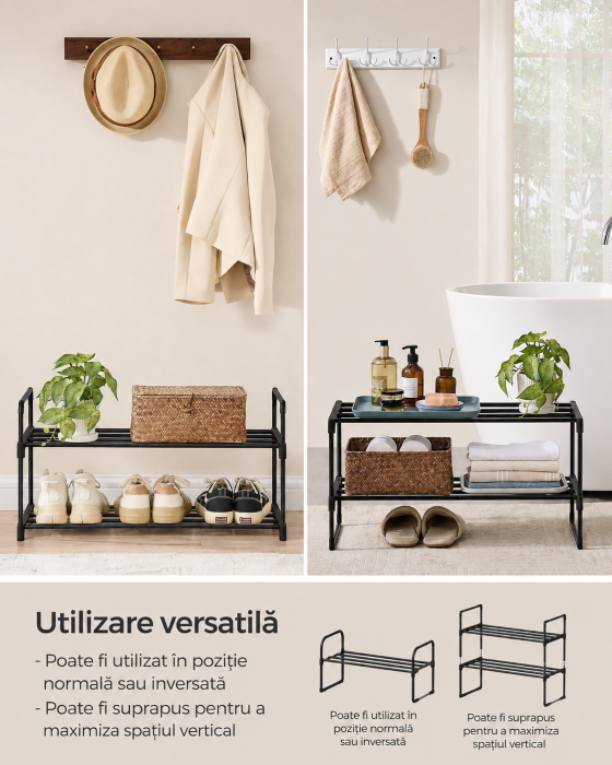 Raft pentru pantofi cu 2 niveluri, capacitate 6-9 perechi, 68x30x34 cm, negru [3]