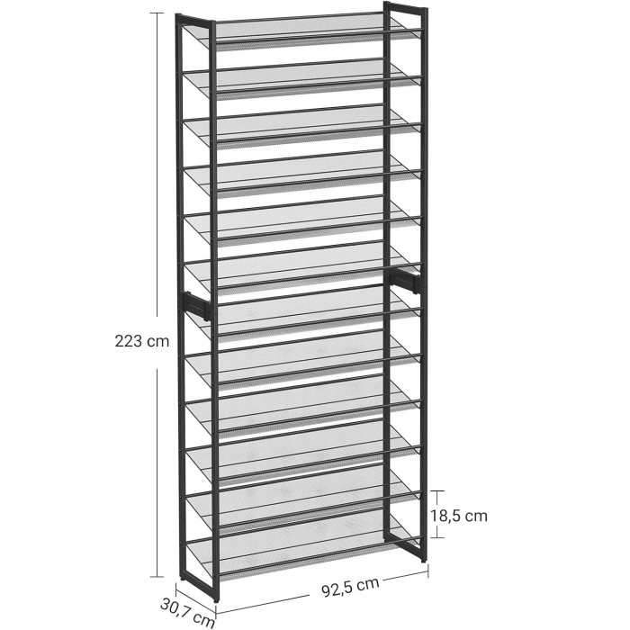 SONGMICS Raft pentru pantofi suprapozabil, pe 12 nivele, din metal, cu rafturi reglabile, pentru 48-60 perechi, 31x 93x223cm, negru [3]