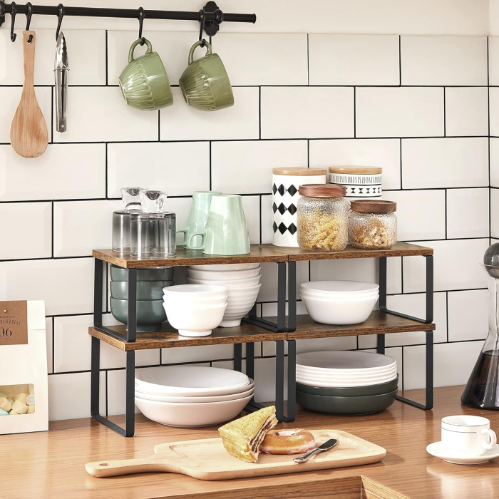 Rafturi bucatarie 30x20x16 cm, set 4 buc, modulare, suprapozabile si extensibile, metal si PAL, maro rustic [2]