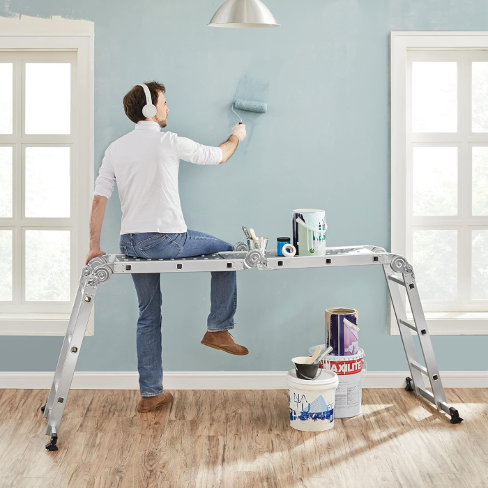 Scara multifunctionala din aluminiu, cu 2 placi tip platforma, 12 trepte, sarcina 150 kg, gri [8]