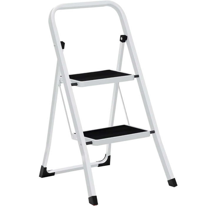 SONGMICS Scara pliabila cu 2 trepte, cauciuc antiderapant, sarcina 150 kg, otel, 45x55x82cm, alb si negru [1]