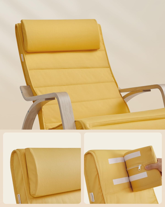 Scaun balansoar din lemn, suport picioare reglabil, maxim 150kg, 121x67x84 cm, galben [7]