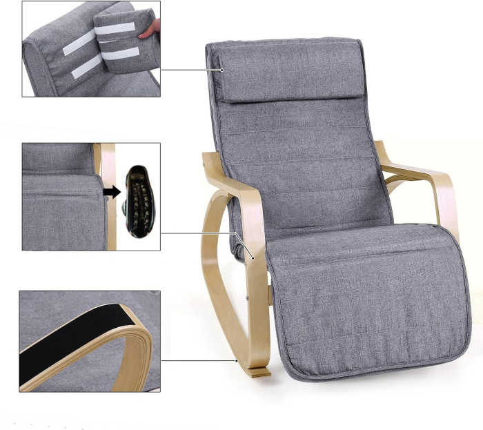 SONGMICS Scaun balansoar din lemn, suport picioare reglabil, maxim 150kg, 55x122x84cm, gri inchis [4]