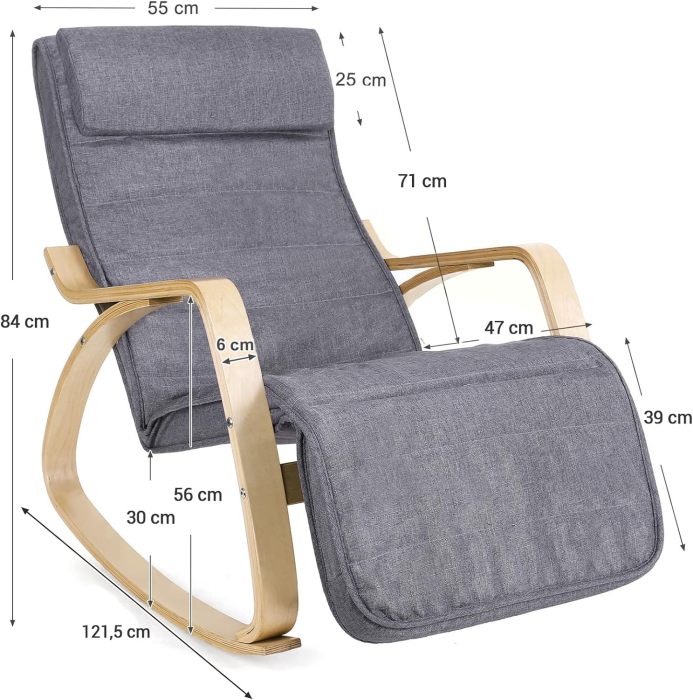 SONGMICS Scaun balansoar din lemn, suport picioare reglabil, maxim 150kg, 55x122x84cm, gri inchis [3]