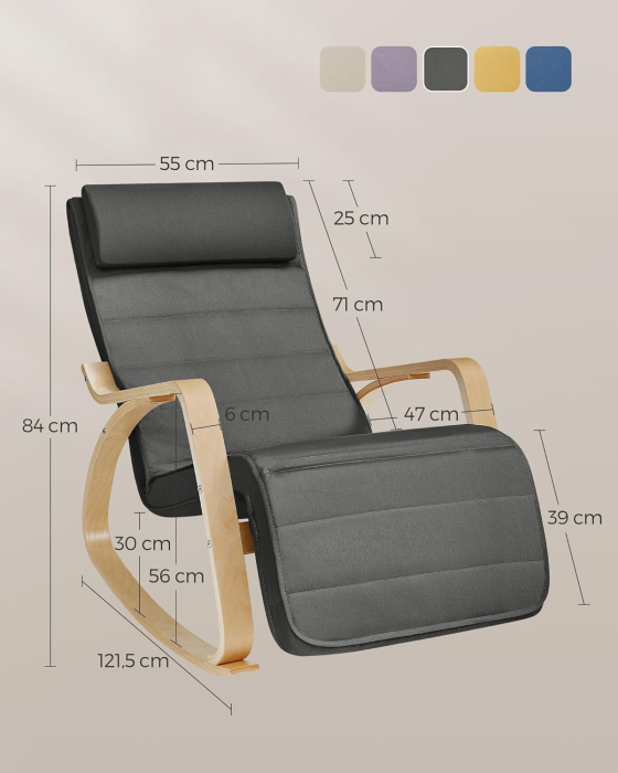 SONGMICS Scaun balansoar din lemn, suport picioare reglabil, maxim 150kg, 67x122x84 cm, gri inchis [3]