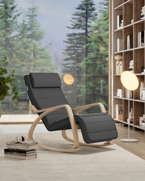 SONGMICS Scaun balansoar din lemn, suport picioare reglabil, maxim 150kg, 67x122x84 cm, gri inchis [4]