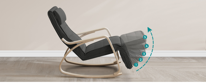 SONGMICS Scaun balansoar din lemn, suport picioare reglabil, maxim 150kg, 67x122x84 cm, gri inchis [8]