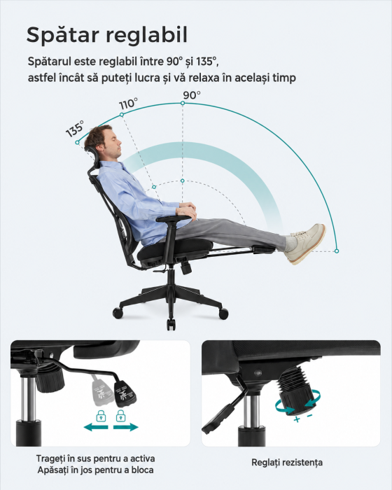 Scaun birou ergonomic cu suport picioare extensibil, sezut gros cu spuma, spatar mesh si tetiera reglabila, 69x70x133 cm, negru [6]
