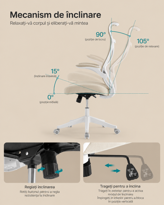 Scaun birou ergonomic cu tetiera, suport lombar, brate rabatabile, maxim 150 kg, 71x71x119 cm, cappuccino bej [4]