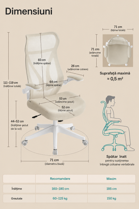 Scaun birou ergonomic cu tetiera, suport lombar, brate rabatabile, maxim 150 kg, 71x71x119 cm, cappuccino bej [5]