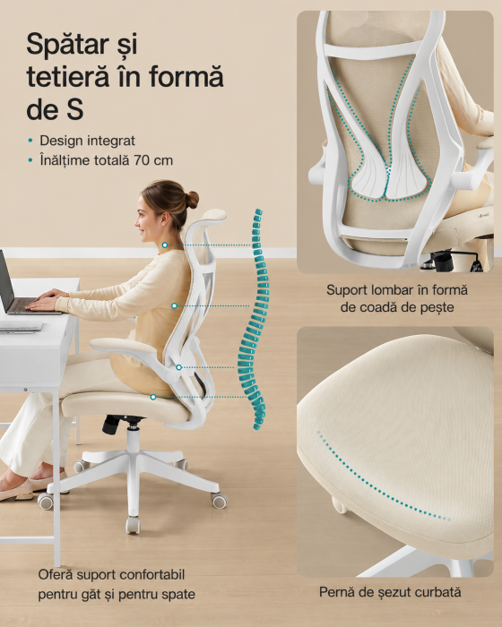 Scaun birou ergonomic cu tetiera, suport lombar, brate rabatabile, maxim 150 kg, 71x71x119 cm, cappuccino bej [3]