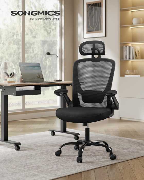 Scaun birou ergonomic cu tetiera, suport lombar reglabil si cotiere rabatabile, 64x64x130 cm, negru [6]
