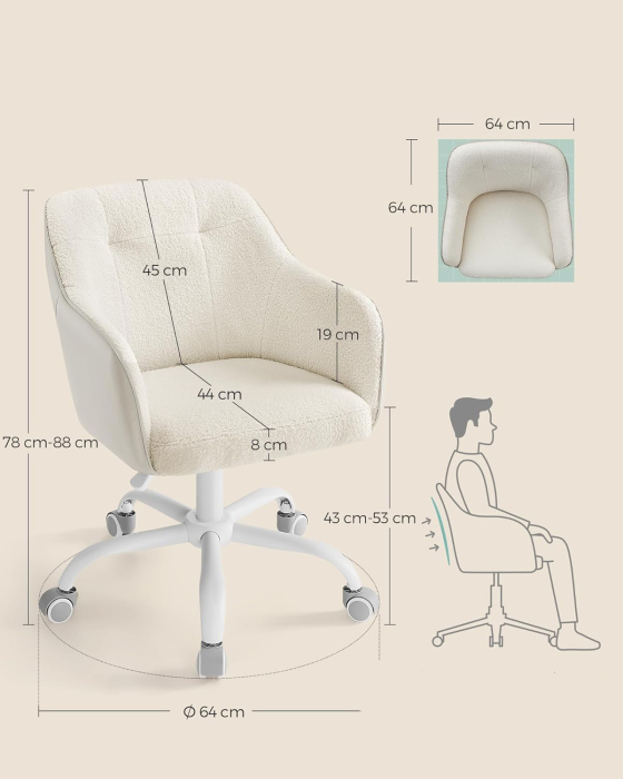SONGMICS Scaun birou rotativ, reglabil pe inaltime, material sherpa si PU, cadru otel, 64x64x78-88cm, bej [3]