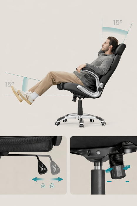 Scaun de birou ergonomic cu brate rabatabile, reglabil pe inaltime, suport cap ajustabil, 70x70x137 cm, negru [8]