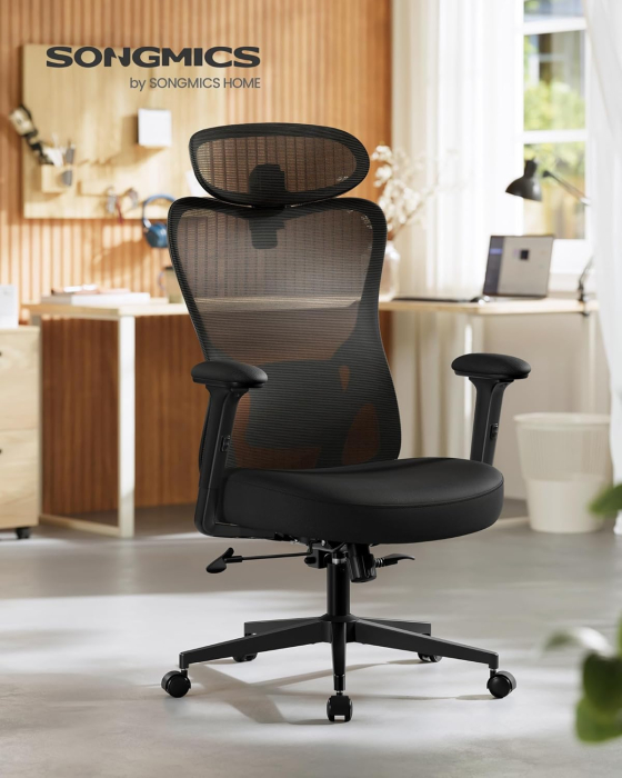 Scaun de birou ergonomic cu tetiera reglabila, suport lombar ajustabil, maxim 150 kg, 70x70x113-130 cm, negru [4]
