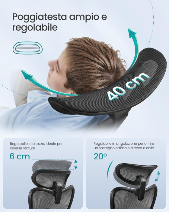 Scaun de birou ergonomic cu tetiera reglabila, suport lombar ajustabil, maxim 150 kg, 70x70x113-130 cm, negru [6]