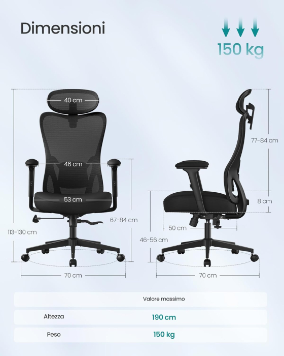 Scaun de birou ergonomic cu tetiera reglabila, suport lombar ajustabil, maxim 150 kg, 70x70x113-130 cm, negru [2]