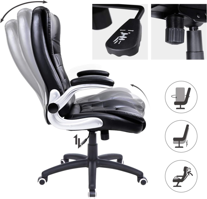 Scaun de birou ergonomic cu tetiera, spatar inalt, brate rabatabile, maxim 150 kg, 76x70x(111-121) cm, negru [2]