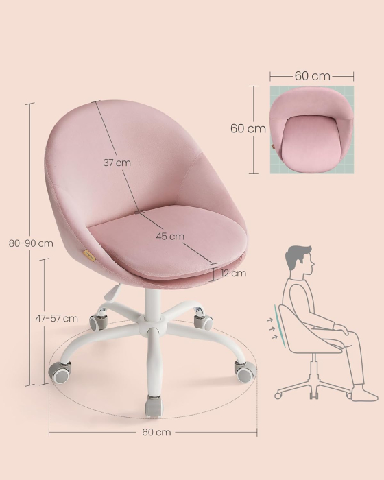 Scaun de birou ergonomic, inaltime reglabila, 60x60x(80-90) cm, roz pastel [4]