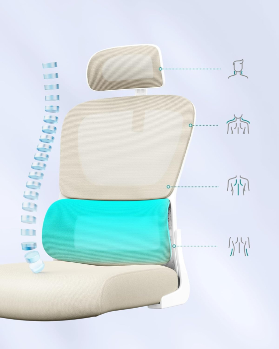 Scaun de birou ergonomic mesh, suport lombar dinamic, tetiera reglabila, brate rabatabile, 70x70x135 cm, bej [6]