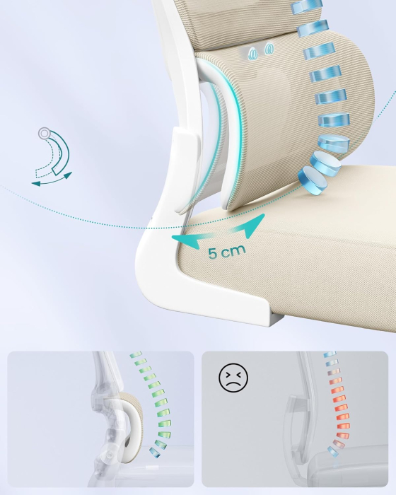 Scaun de birou ergonomic mesh, suport lombar dinamic, tetiera reglabila, brate rabatabile, 70x70x135 cm, bej [7]