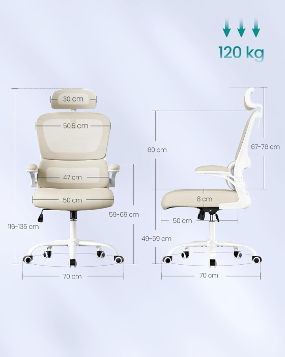 Scaun de birou ergonomic mesh, suport lombar dinamic, tetiera reglabila, brate rabatabile, 70x70x135 cm, bej [2]